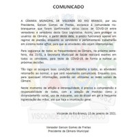 COMUNICADO OFICIAL ACERCA DAS ATIVIDADES NA CÂMARA DOS VEREADORES